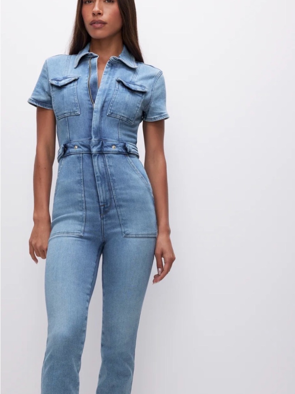 Good American NWT Light Blue Denim Jumpsuit Jeans - Women's Short Sleeve